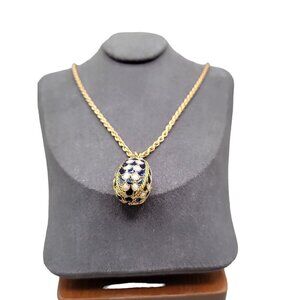 Royal Checkered Enamel Egg Pendant Necklace 18" Gold Plated Chain Blue & White